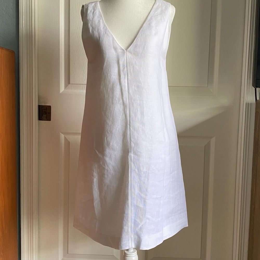 Theory white linen shift dress.